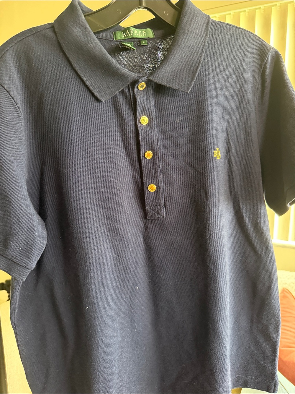 Ralph Lauren Navy Polo with Yellow Logo and Buttons